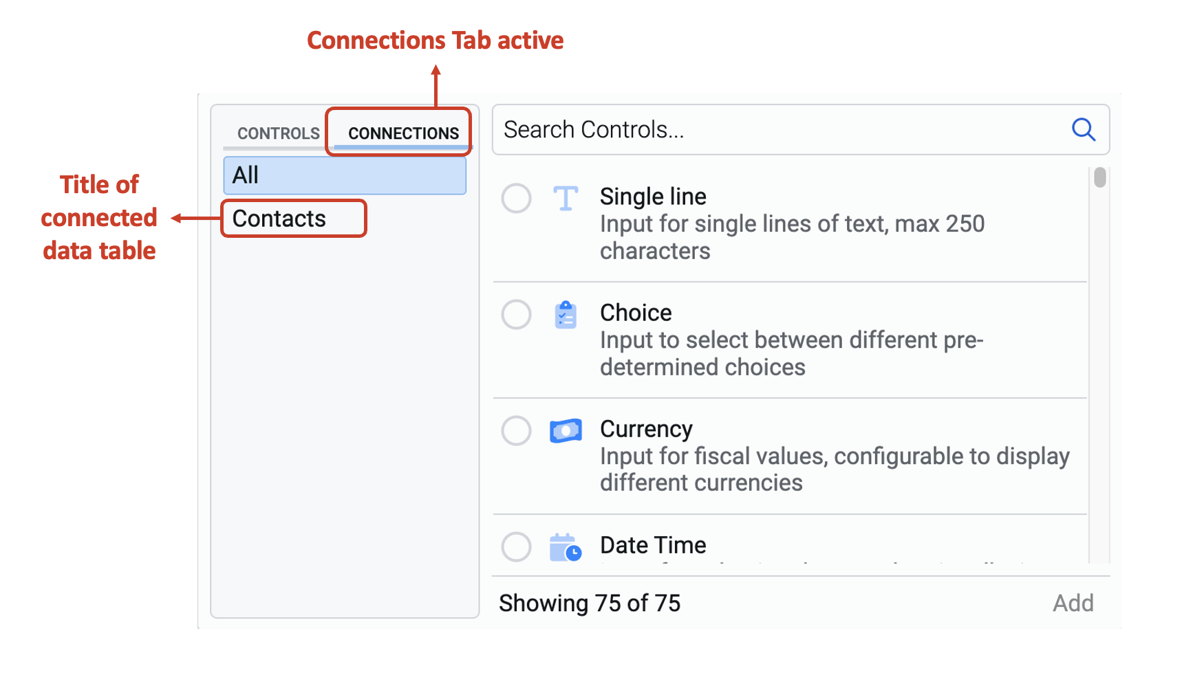 A screenshot of the element picker, as the user selects a relevant connected element. The screenshot is annotated in red. At the top, the &quot;Connections&quot; tab has been selected. Underneath, the &quot;Tasks&quot; table has been chosen from a list. On the right portion of the panel, there is a list of fields that the user can choose from. These fields are from the database table, and already built with the correct element type and database connection.